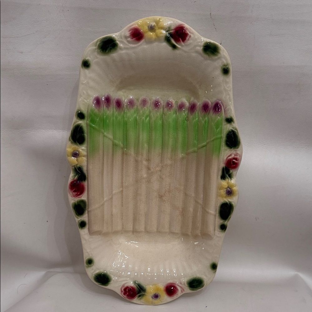 Reserve Sarrequemines France Majolica Floral Ceramic Asparagus Serving Platter